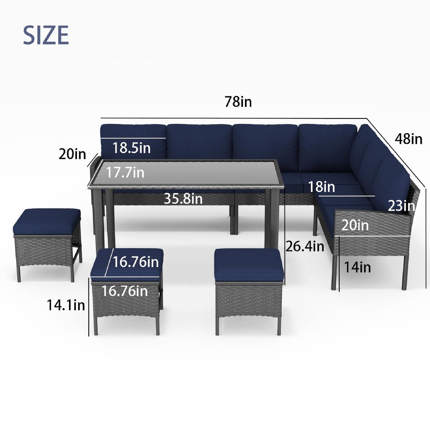 7 Piece Outdoor Furniture Set With Waterproof Cushions, Glass Table, And Space Saving Design - Blue