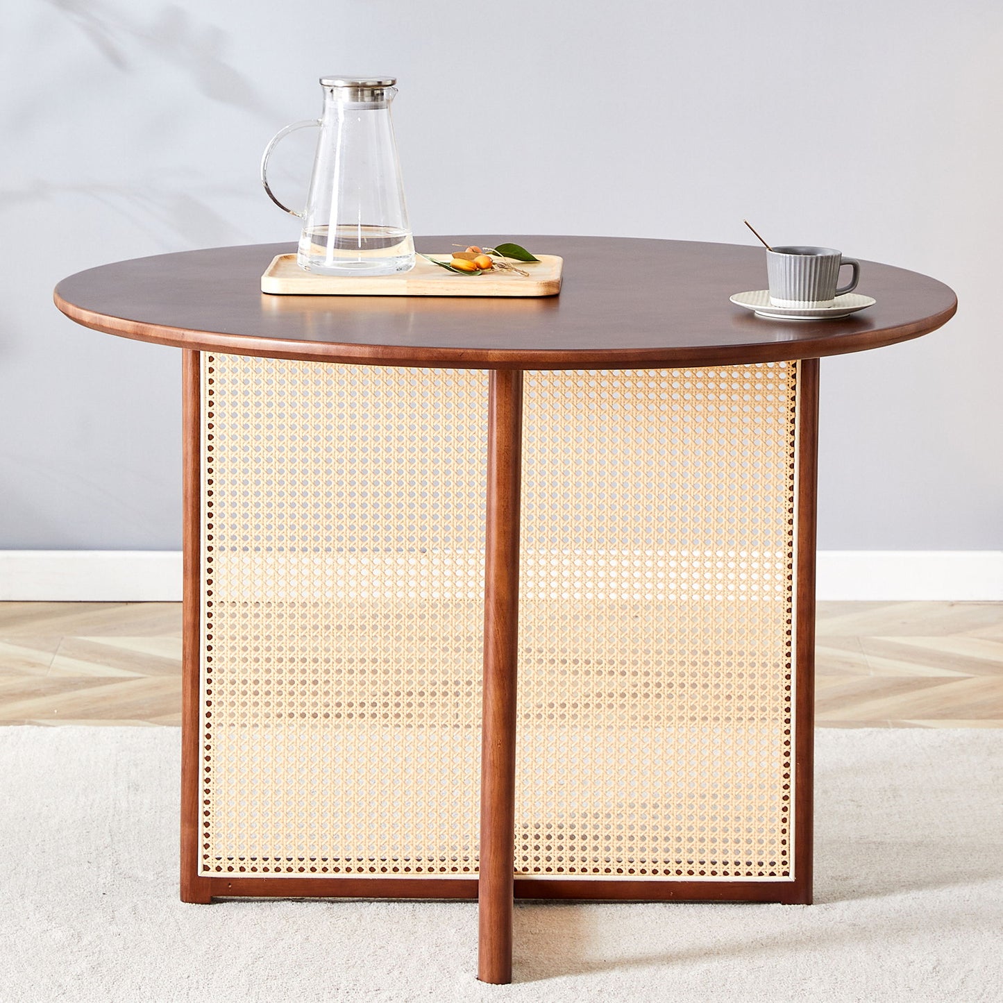 Retro Round Table With Imitation Rattan Rubber Wood - Walnut