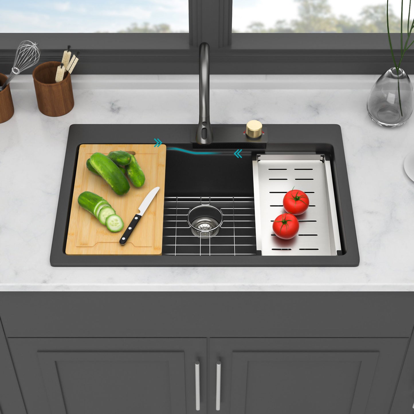 Waterfall Kitchen Sink With Pull Out Faucet & Cup Washer