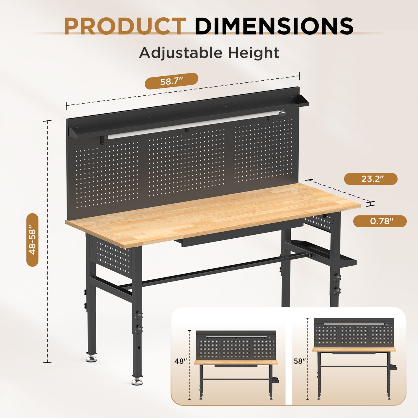 Adjustable Height Workbench, Includes Drawers, Power Outlet, LED Light, Wheels Or Leveling Feet - Black