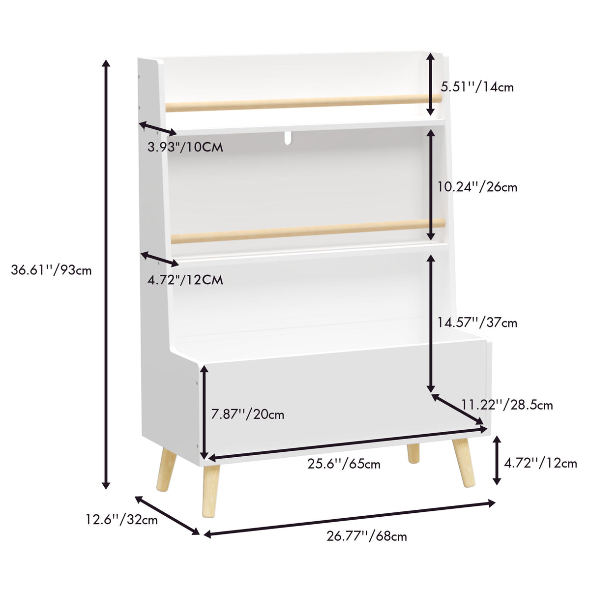 Bookshelf , Book Organizer With Toy Storage - White