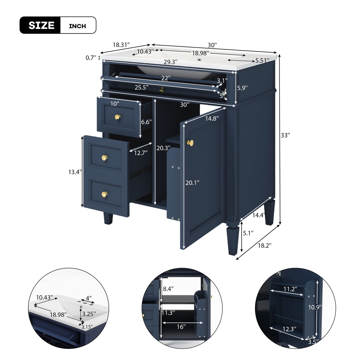 Bathroom Vanity With Top Sink, Storage Cabinet & 2 Drawers And Tip Out Drawer, Rectangular Design - Blue