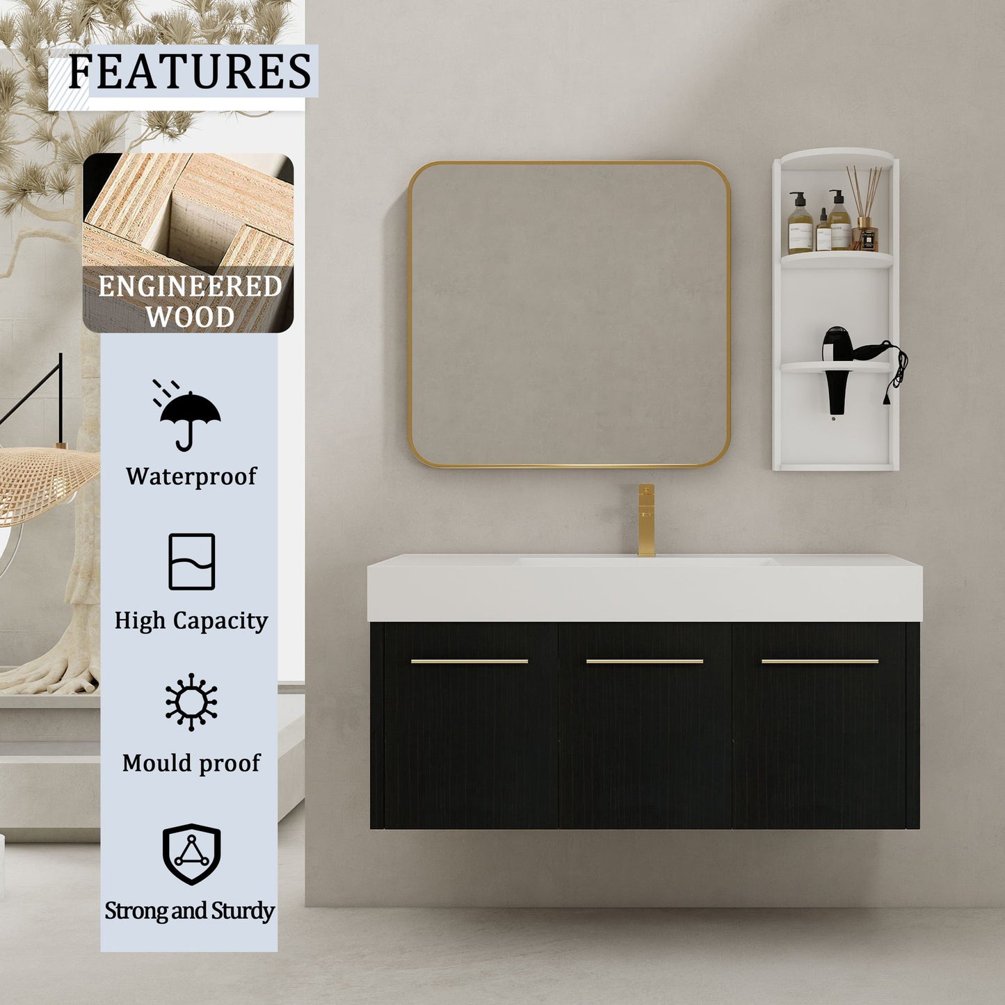 Modern Wall Mounted Bathroom Vanity With Thick Edge Resin Sink And Storage Rack