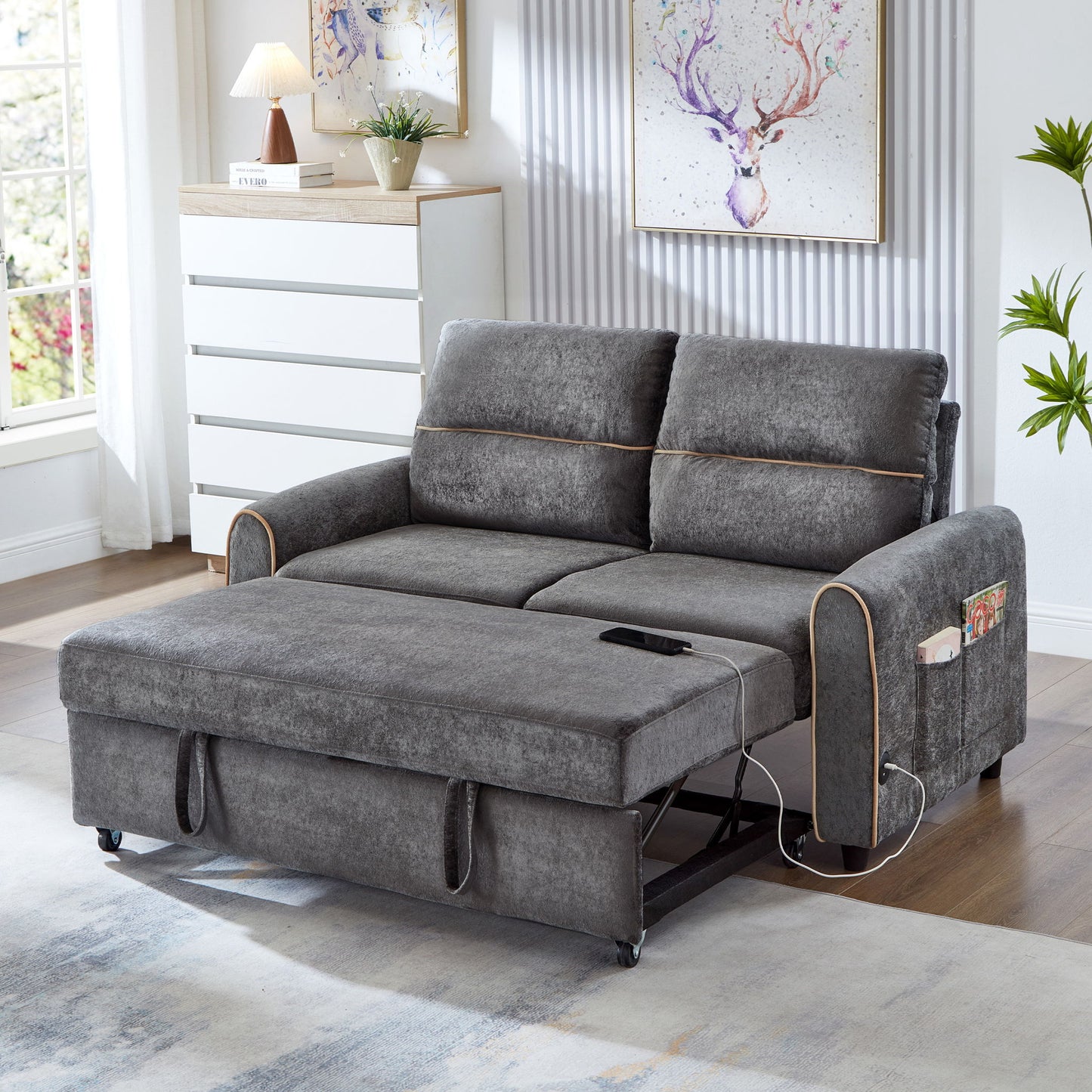 Pull Out Sofa Bed With Adjustable 3 Position Backrest, USB Charging Ports, Side Pockets