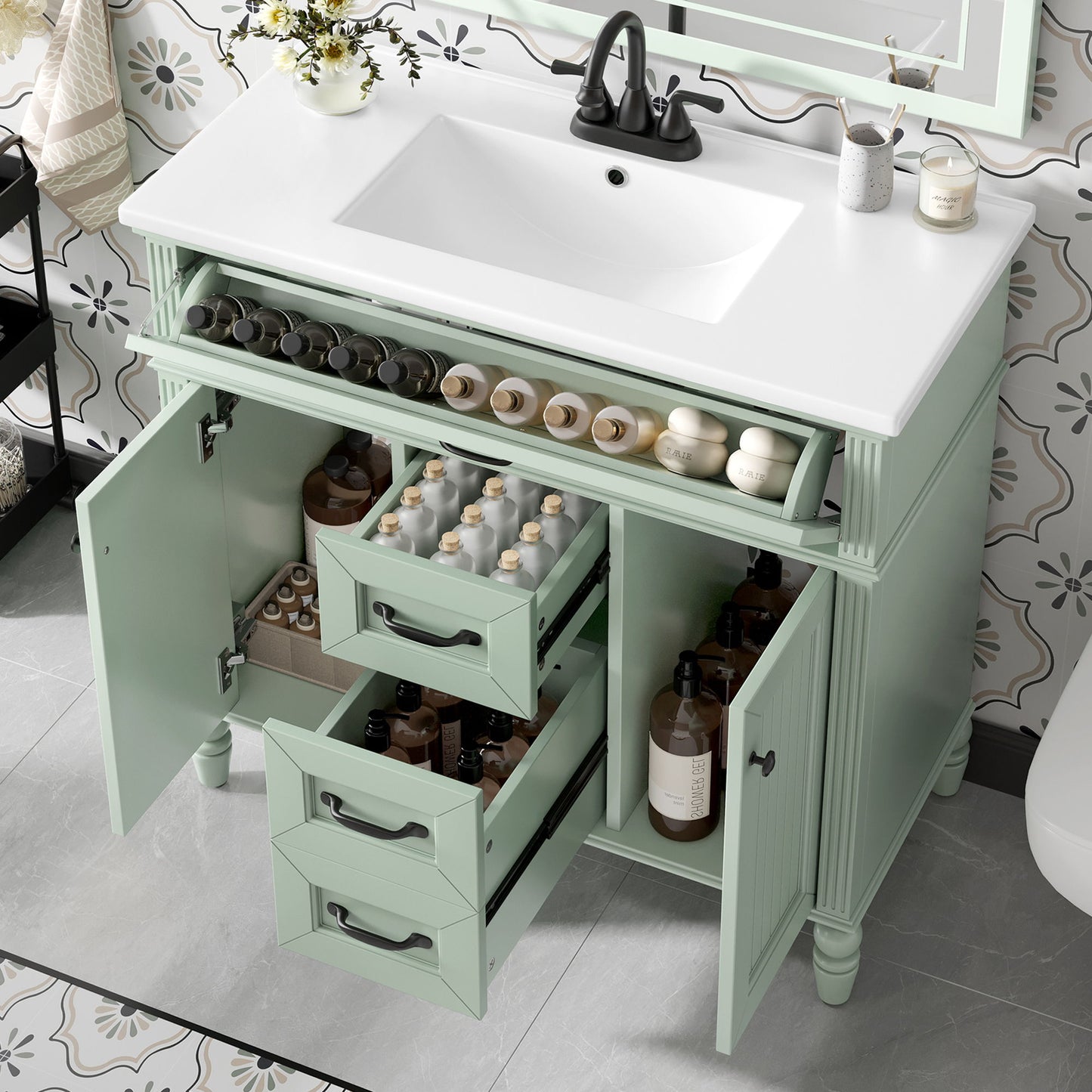Bathroom Vanity With Sink, Flip-Out Top Drawer, Soft Close Doors, 2 Storage Drawers