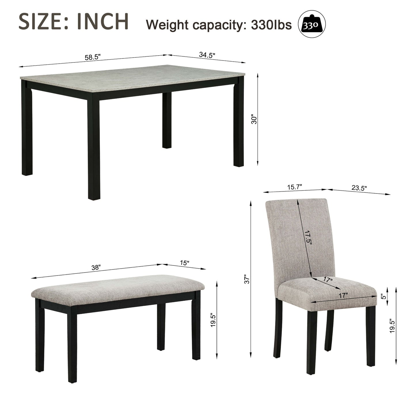 6 Piece Dining Table Set With Bench And Chairs