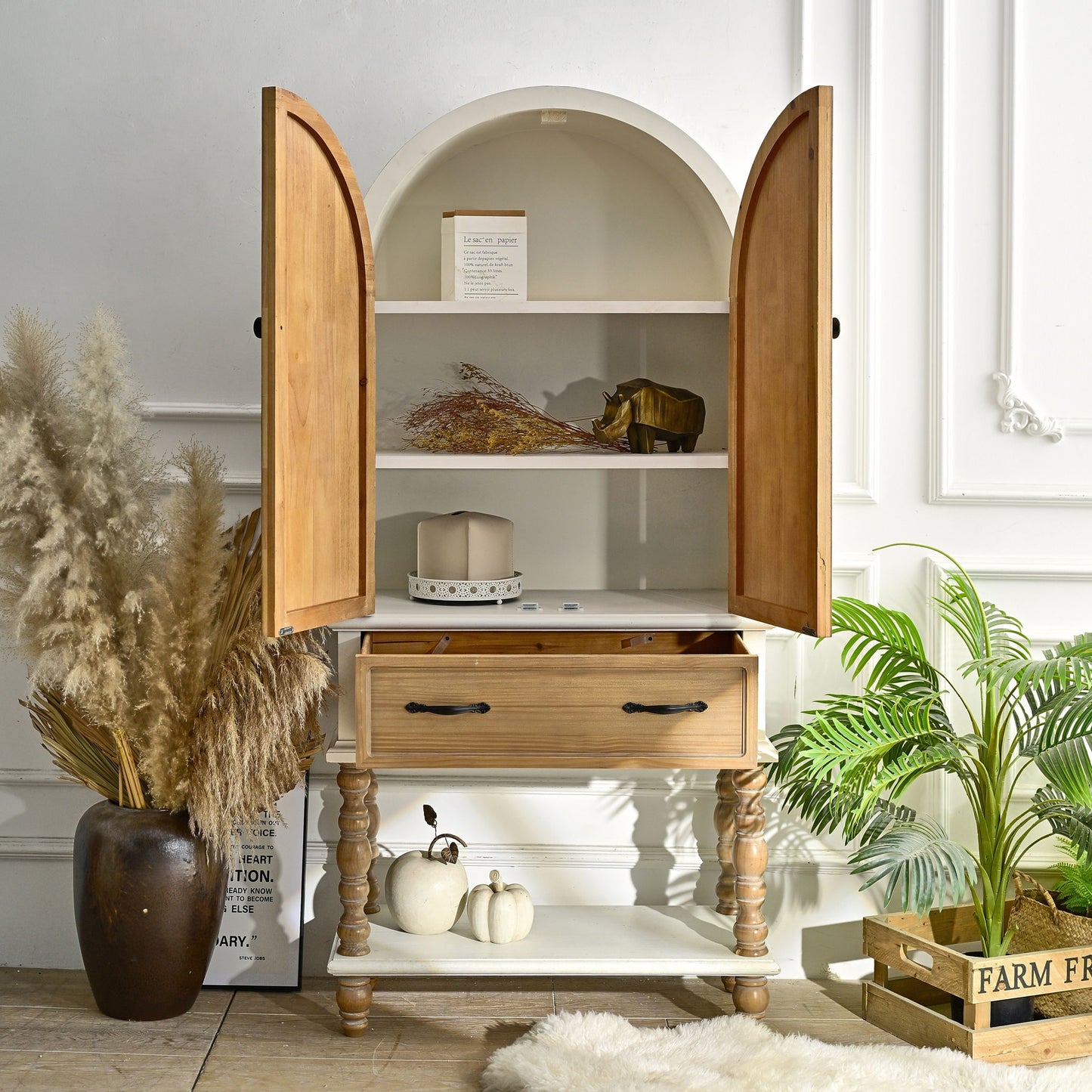 Arched Flower Carved Door Accent Sideboard Cabinet With 1 Drawer And Shelf, Cabinet For Kitchen - Natural / White