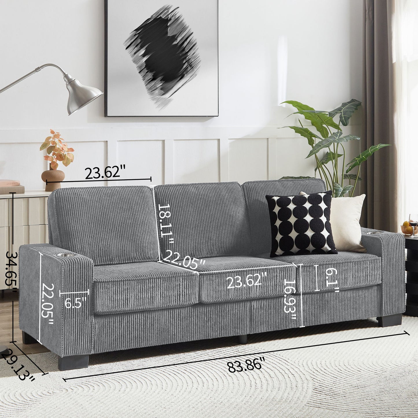 Modern Corduroy Fabric Sofa, 3 Seater Compressed Couch With Cup Holders