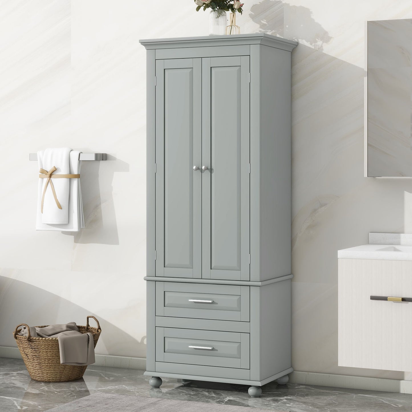 Tall Storage Cabinet With 2 Drawers For Bathroom
