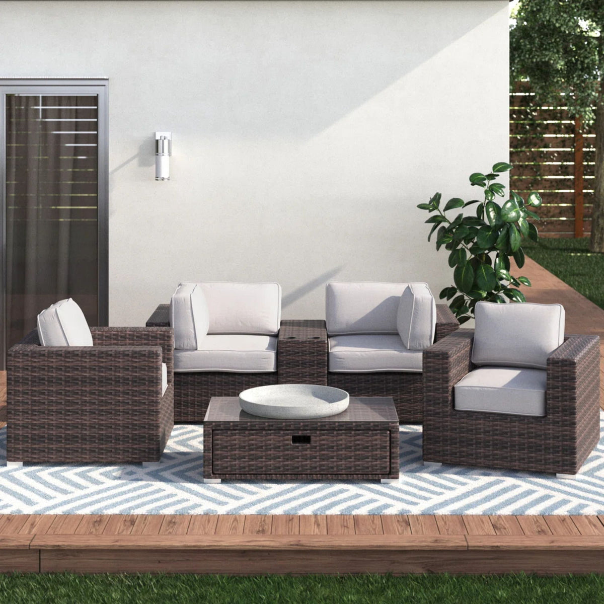 Wicker Seating Group Set With Table And Cushions