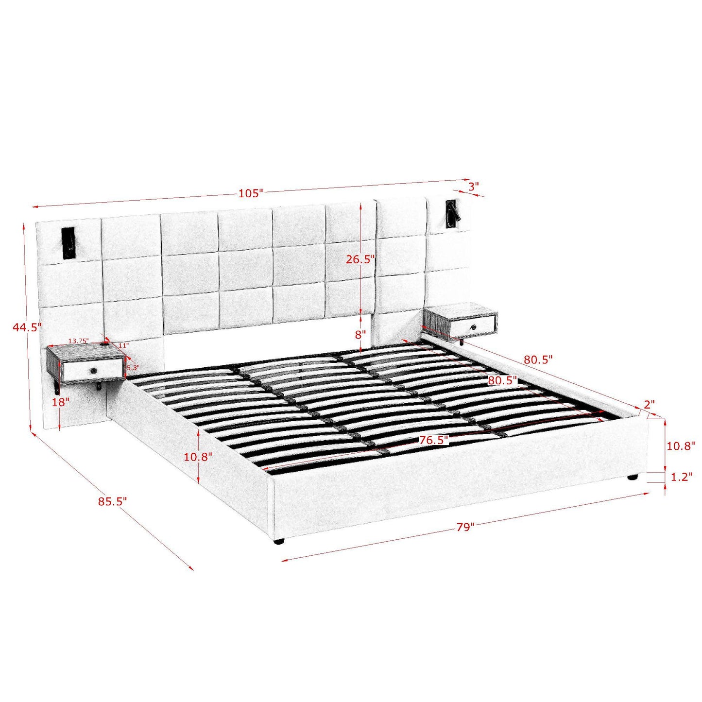 Upholstered Hydraulic Platform Bed With Storage Shelves, Reading Lamps, USB Port
