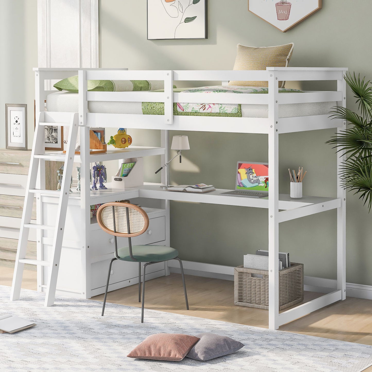 Modern Loft Bed With Built In Desk, Shelves, And 2 Drawers