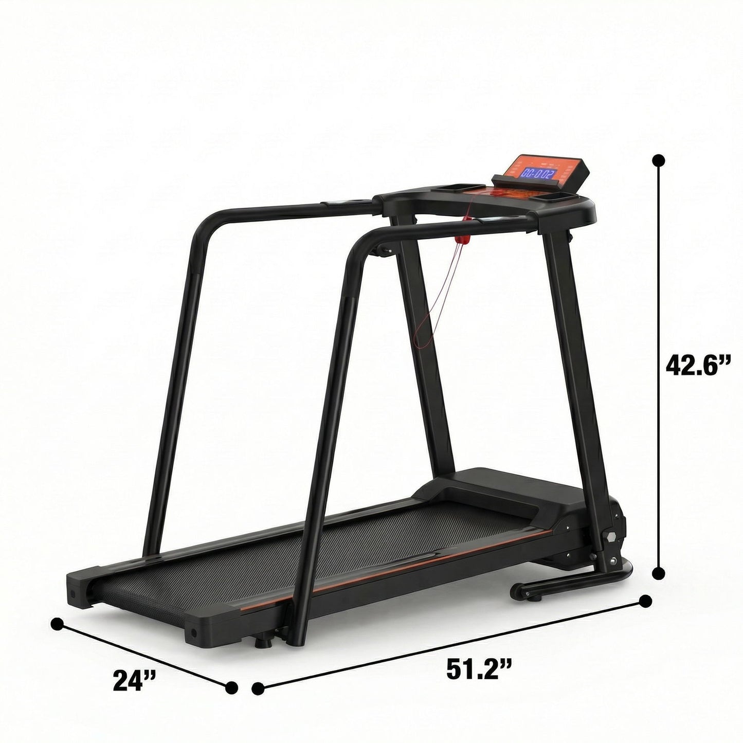 Home Fitness Treadmill With Extended Handrails, Portable Foldable Design - Black / Orange