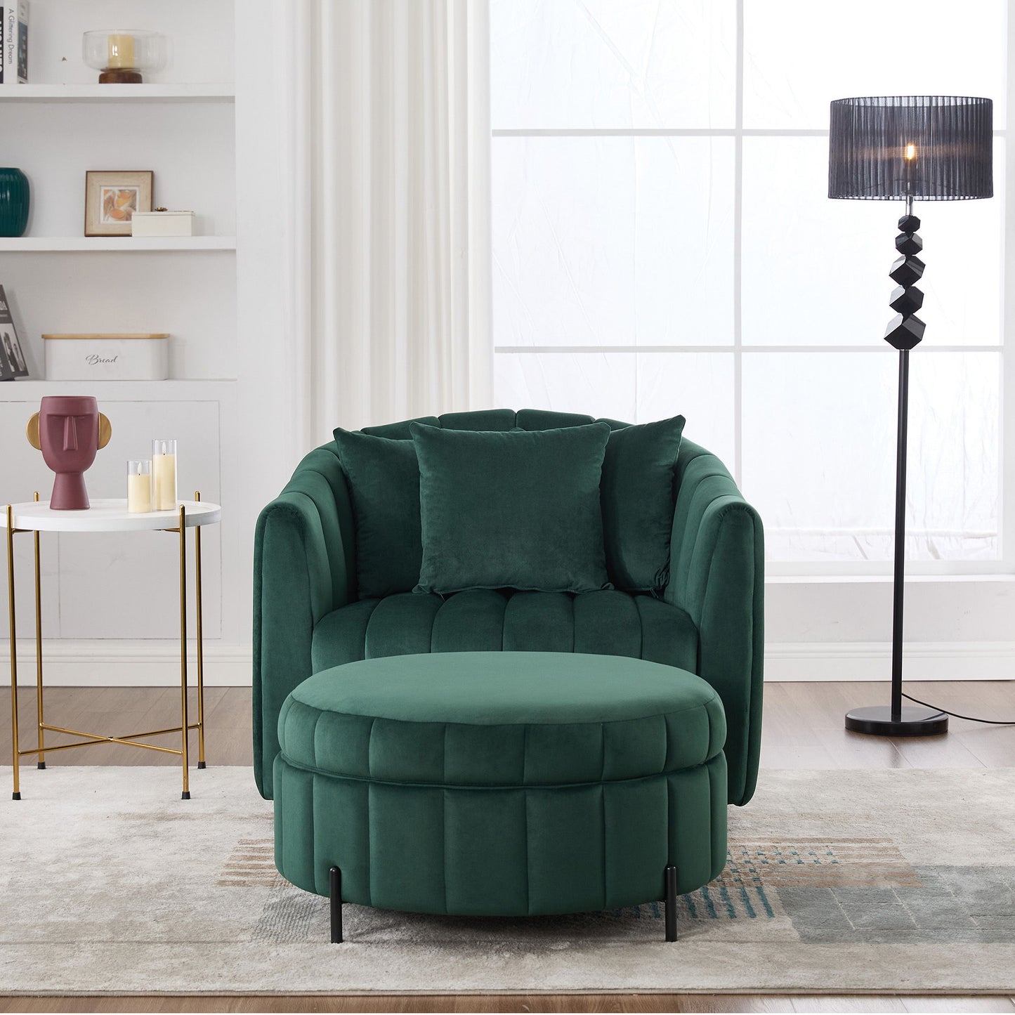 Oversized Velvet Swivel Barrel Accent Chair And Ottoman Set With Storage