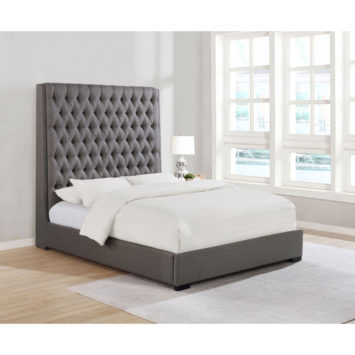 California King Upholstered Panel Bed With Tufted Headboard - Gray