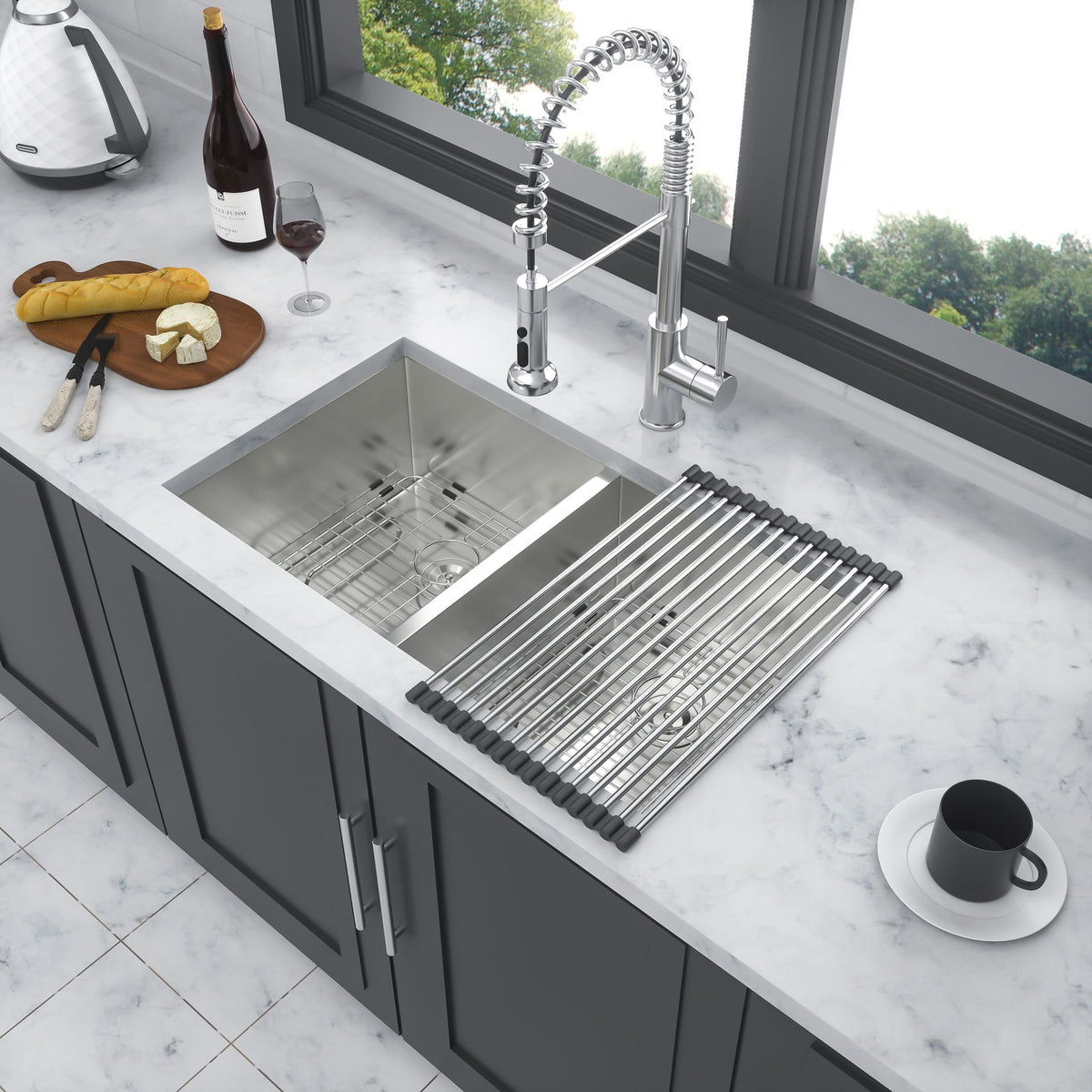 16 Gauge Undermount Double Bowl Kitchen Sink With 9" Deep Bowls - Brushed Nickel