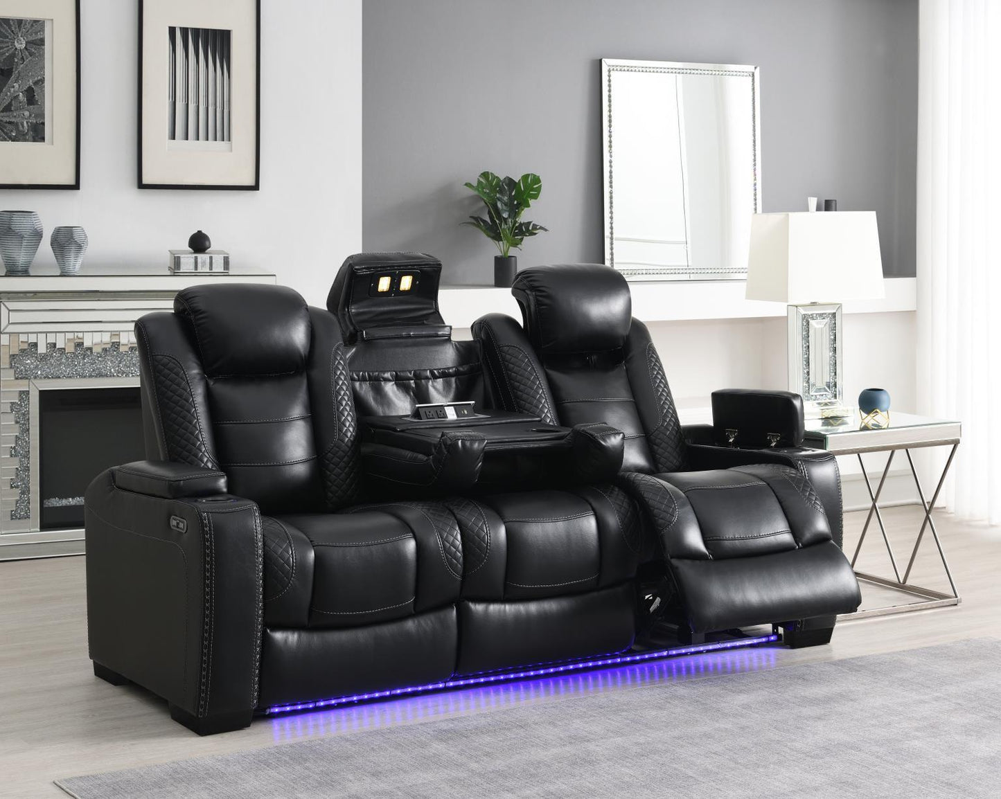 U92 - LED Power Reclining With Power Headrest, Bluetooth Speaker, And Drop Down Table Loveseat - Black