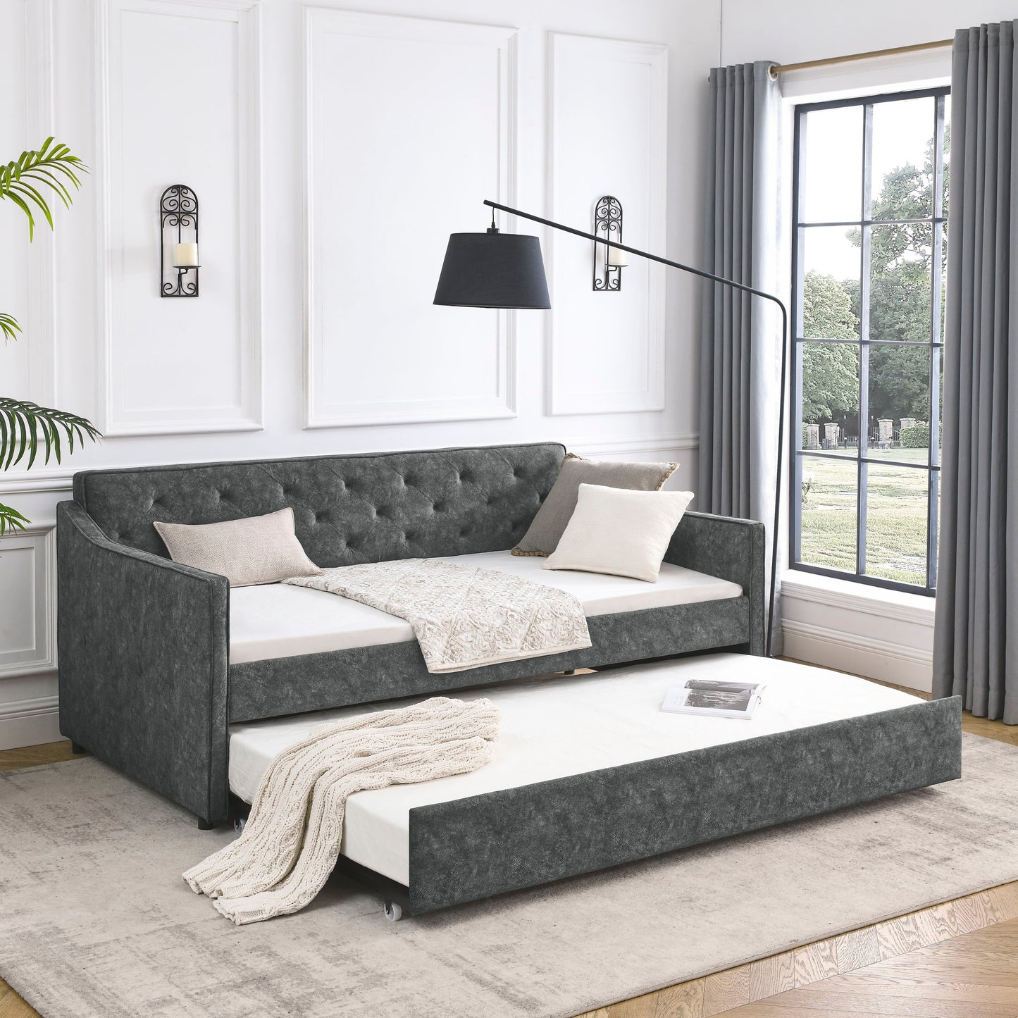Twin Upholstered Daybed With Trundle, Waved Arms - Gray