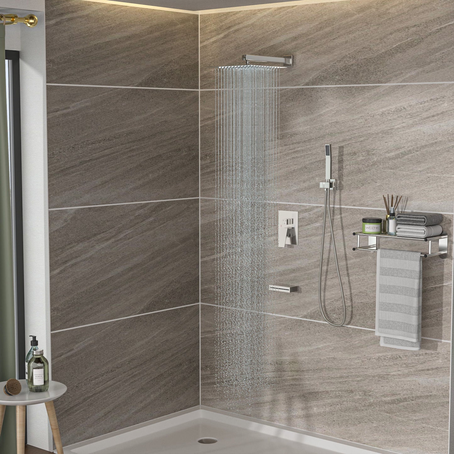 Square Shower System With Waterfall Tub Spout And Rough In Valve, Wall Mounted