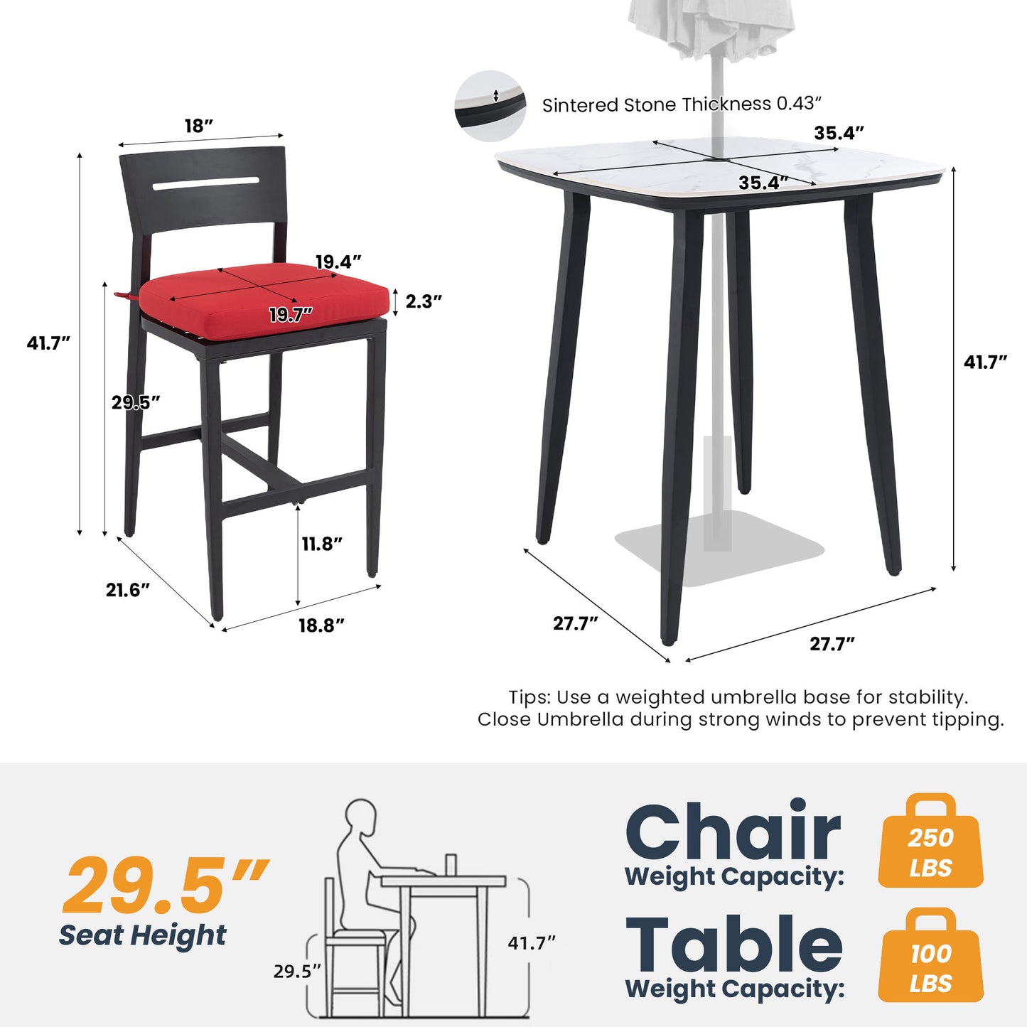5 Pieces Outdoor Patio Bar Set, Rounded Square Table & 4 Aluminum Bar Stools