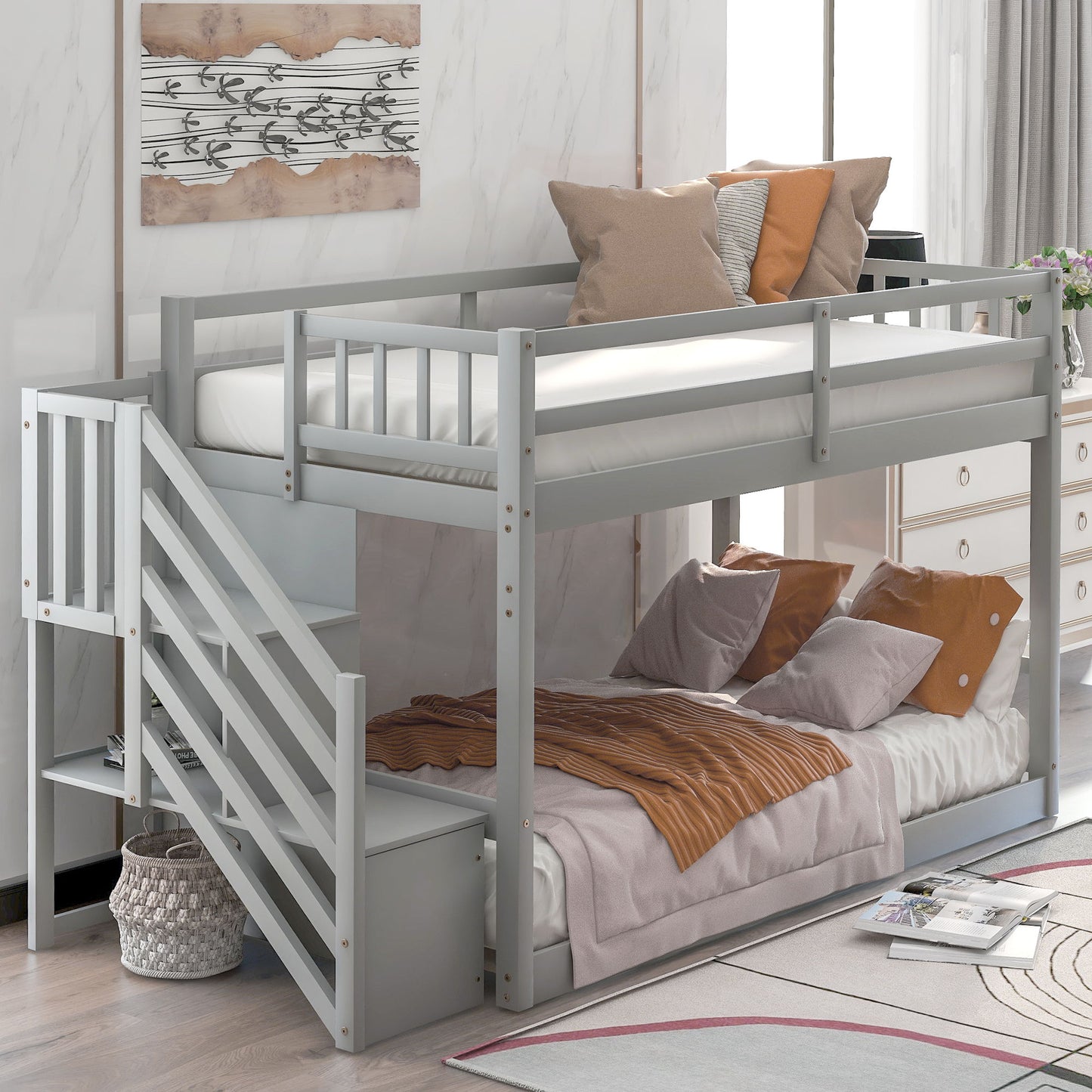Norset - Twin Over Twin Floor Bunk Bed, Ladder With Storage
