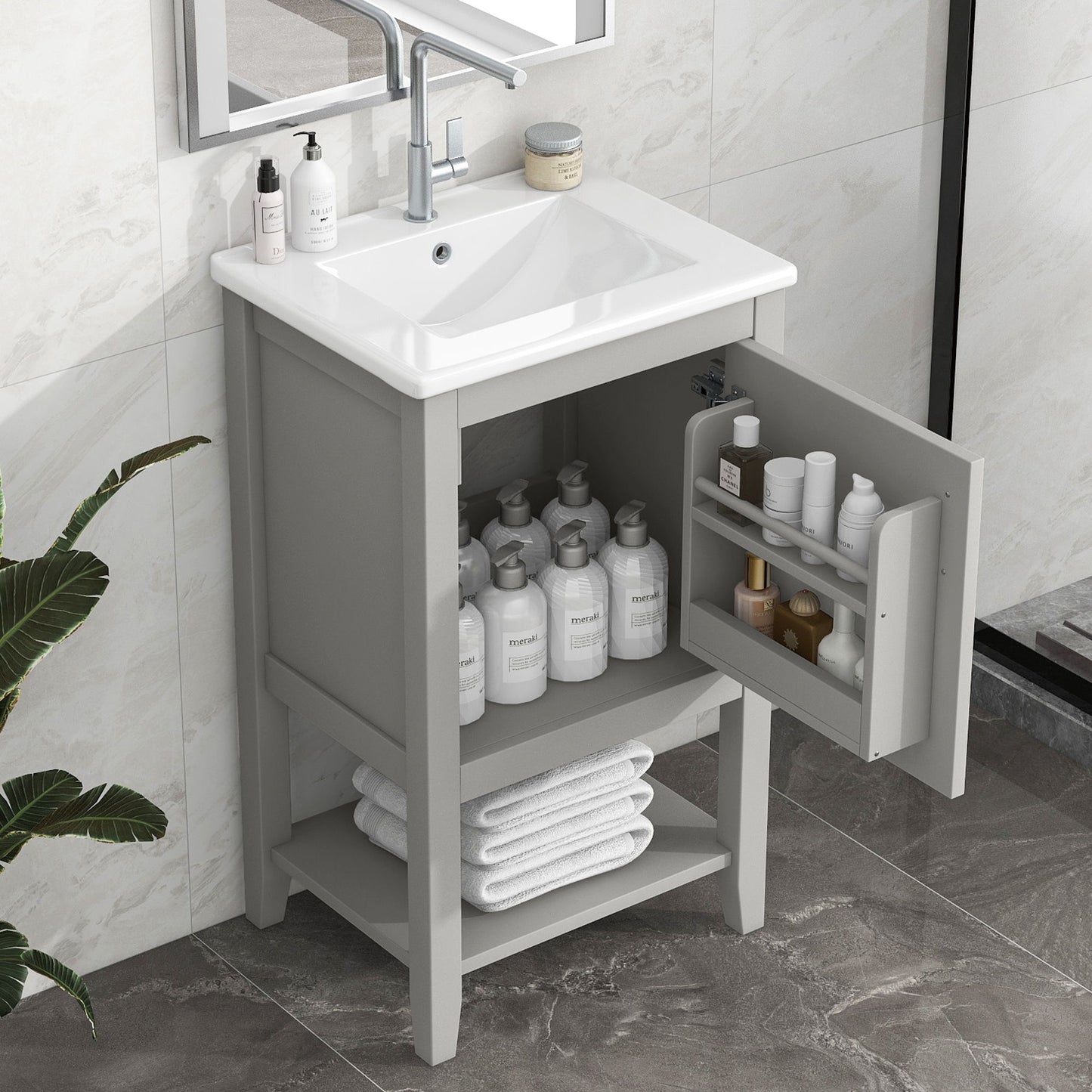 Modern Bathroom Vanity With Sink, Soft-Closing Door And Open Shelf