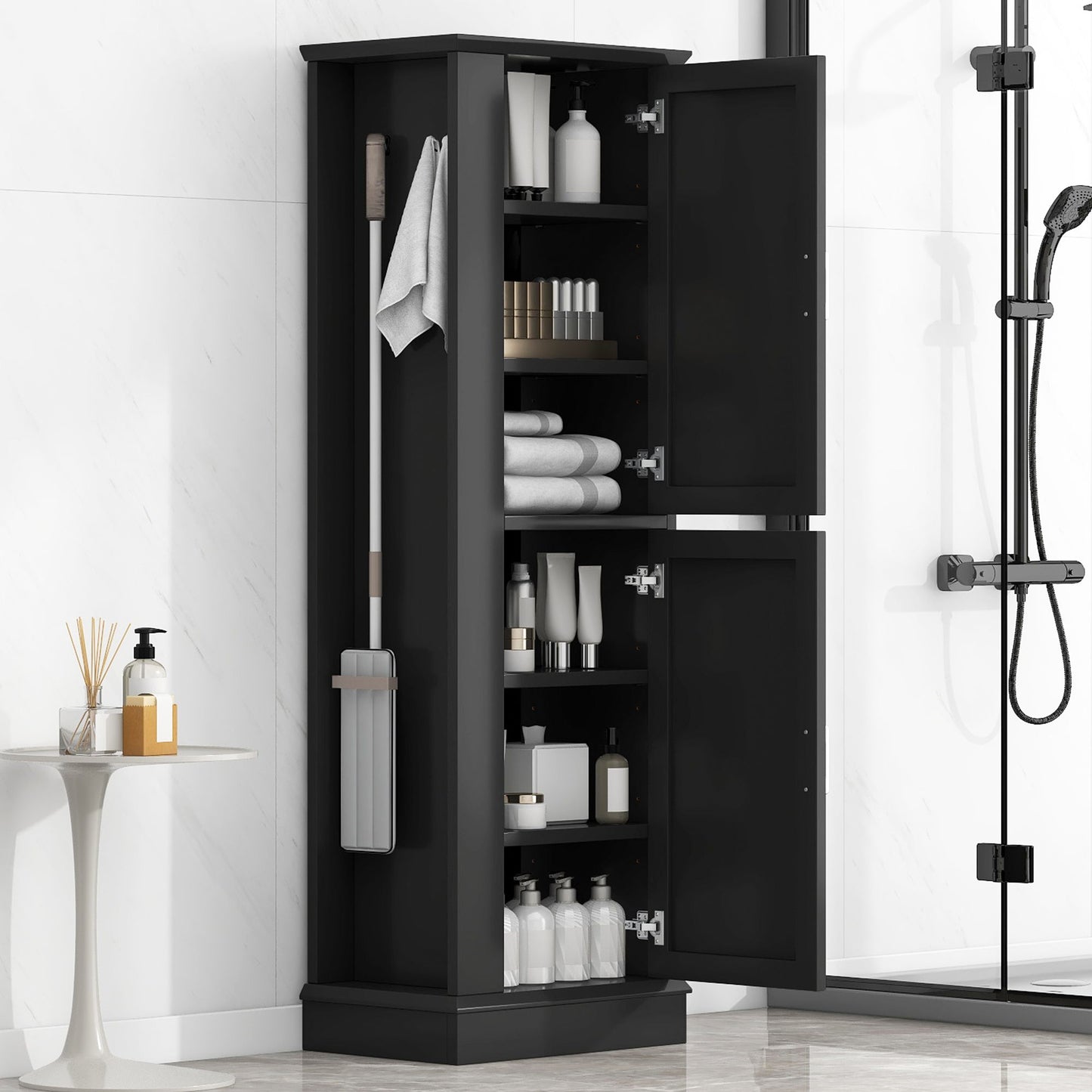 Tall Freestanding Bathroom Storage Cabinet With Adjustable Shelves And Side Hooks