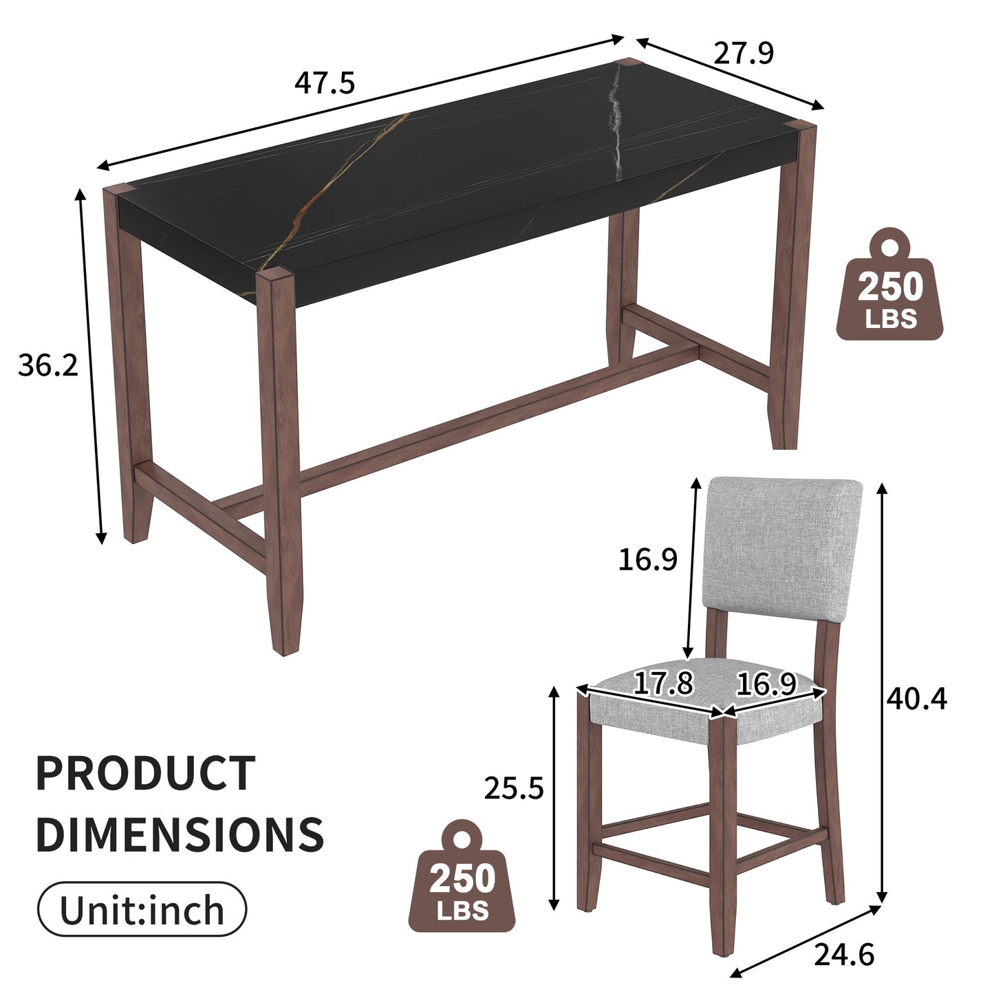 5 Piece Counter Height Dining Set, Bar Table With 4 Upholstered Chairs