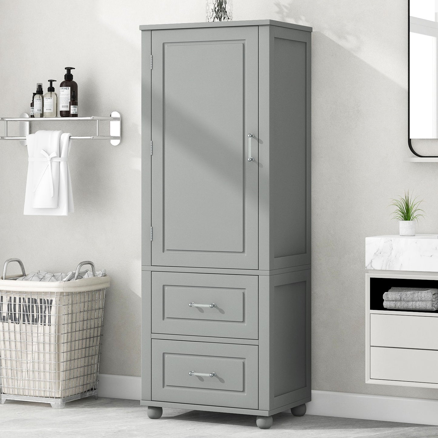 Tall Freestanding Bathroom Storage Cabinet With 2 Drawers And Adjustable Shelf