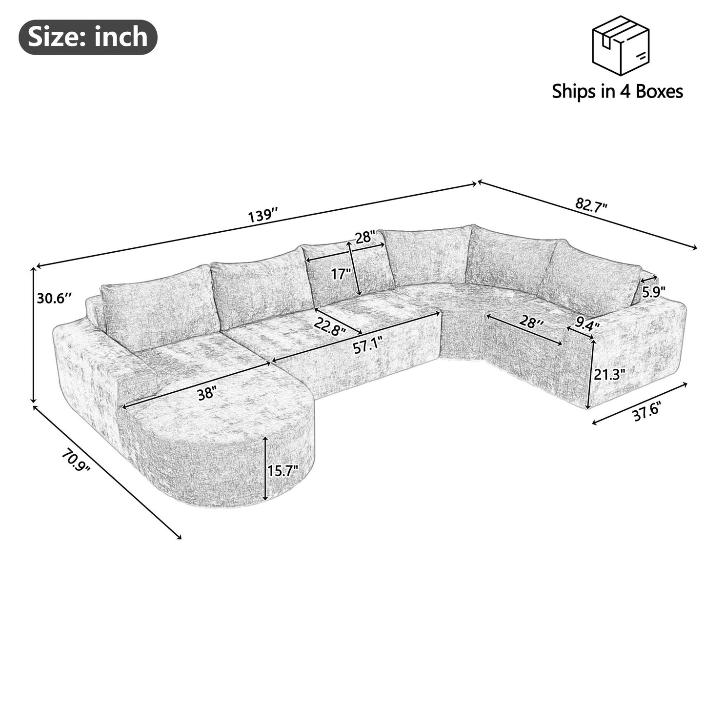 U-Shaped Oversized Modular Cloud Sectional Sofa With Deep Seat For Living Room