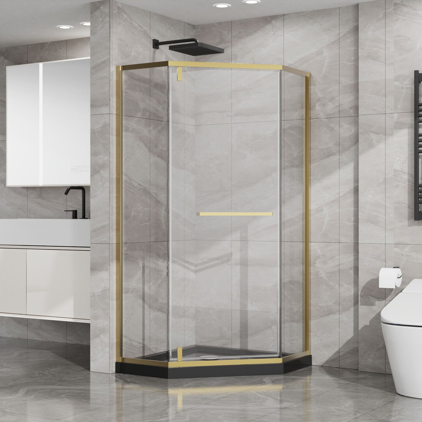 Goodyo - Neo-Angle Frameless Shower Door Corner Enclosure With Acrylic Shower Base Combo, Pivot Shower Door