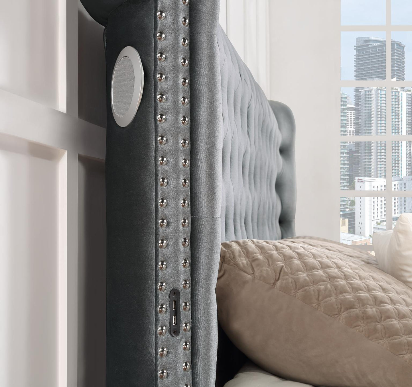 B546 - Velvet Queen Bed With Bluetooth Speaker & USB - Gray
