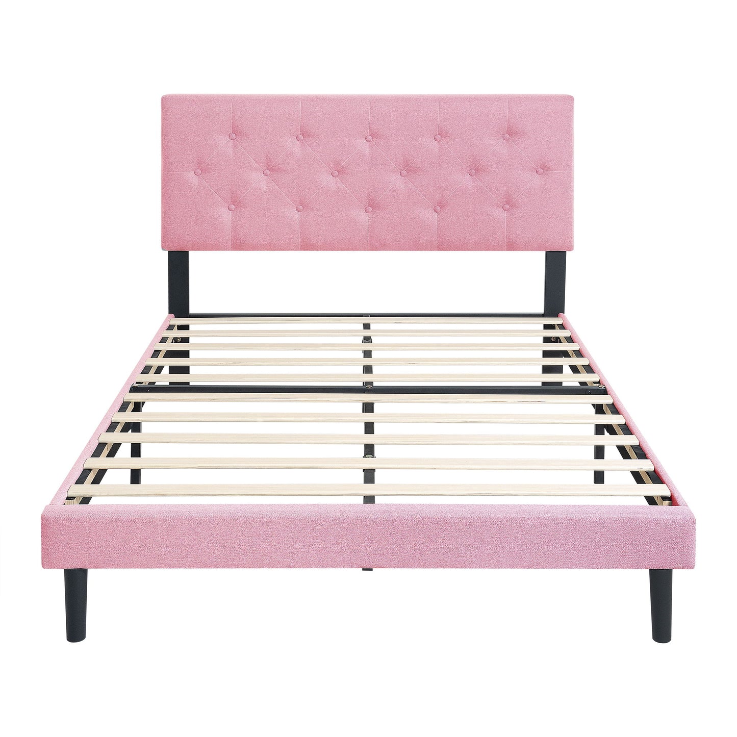 Modern Upholstered Platform Bed Frame With Button Tufted Linen Fabric Headboard