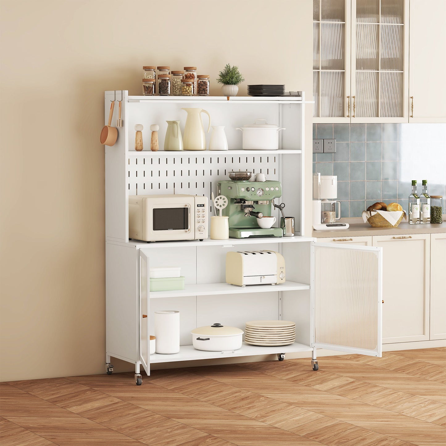 Contemporary Kitchen Pantry Cabinet With Glass Doors, Adjustable Shelves, Steel - Brushed Nickel