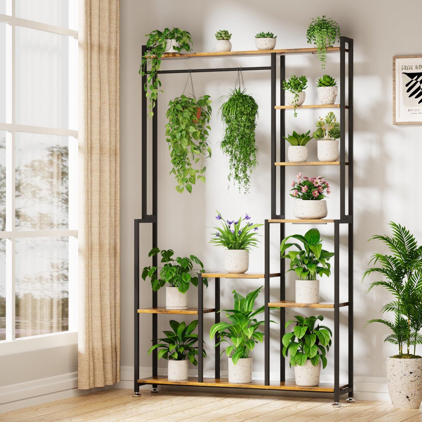 Large Plant Stand Indoor With Grow Light, Tall Plant Shelf, 8 Tiered Heavy Duty Metal Plant Stand, Square Flower Stand Display Rack For Living Room - Walnut / Black