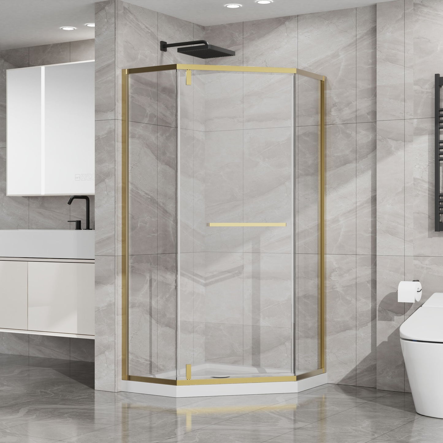Goodyo - Neo-Angle Frameless Shower Door Corner Enclosure With Acrylic Shower Base Combo, Pivot Shower Door