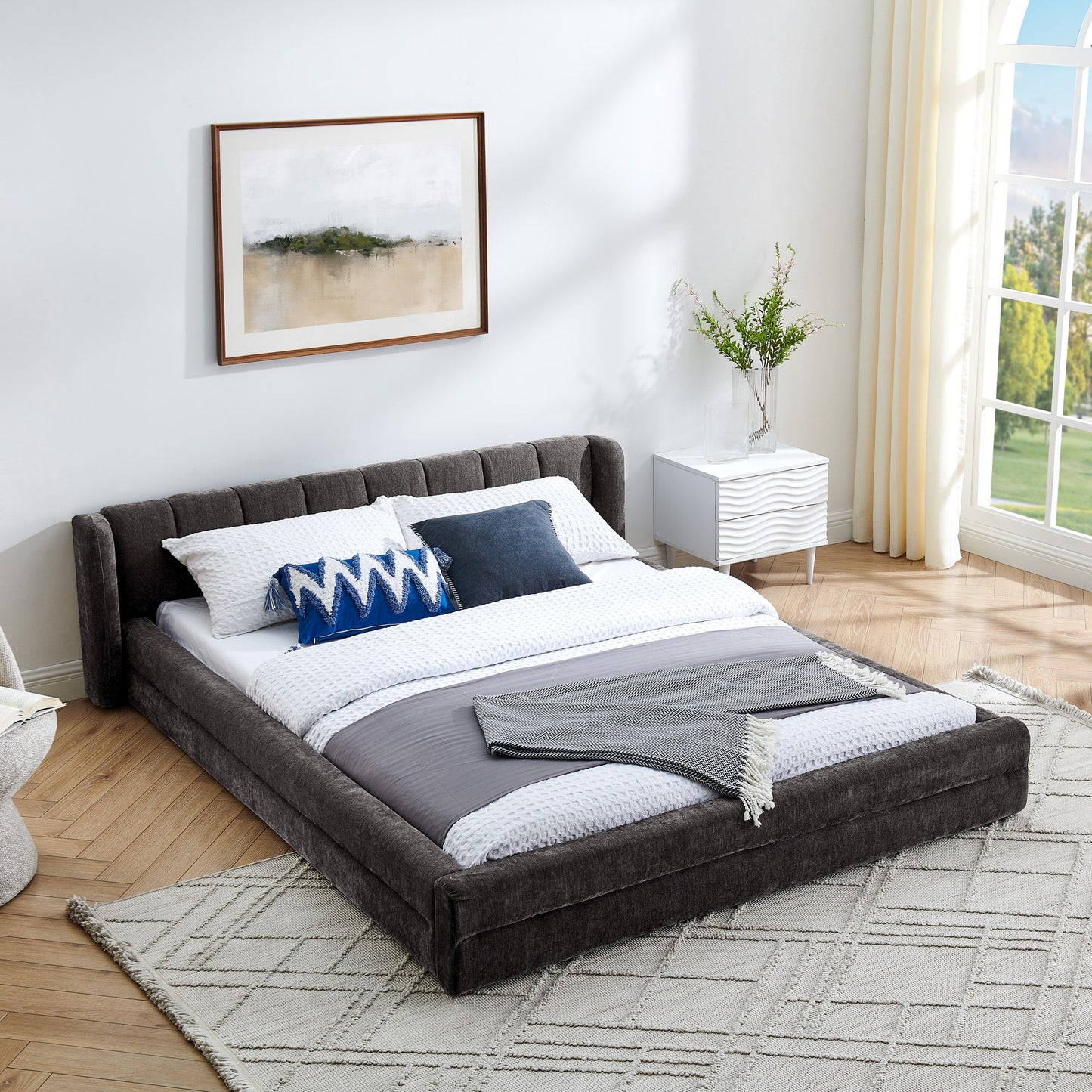 Modern Upholstered Bed Frame With Thick Chenille Fabric And Headboard