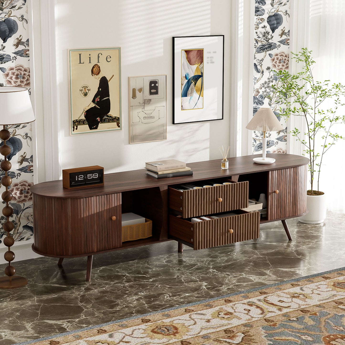 70" TV Stand With Tambour Doors And Fluted Drawers - Dark Brown