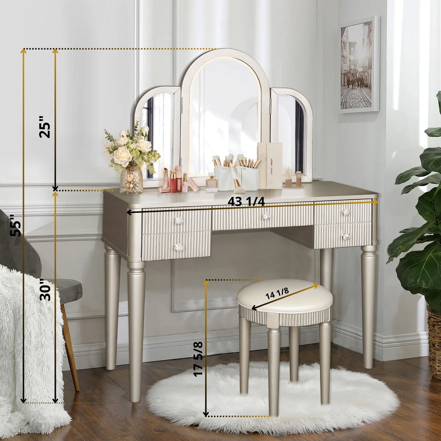 Mirrored Makeup Vanity Table Set With Adjustable Lighting And Storage