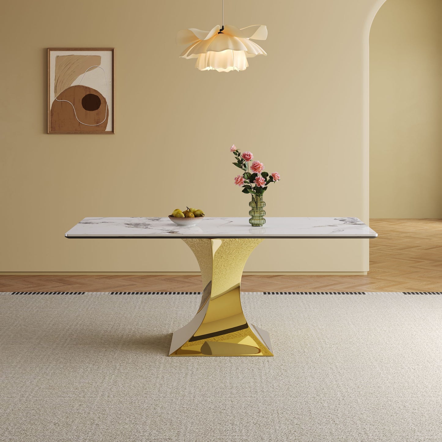 Modern Rectangular Dining Table For 6 - 8, Plated Hourglass Base
