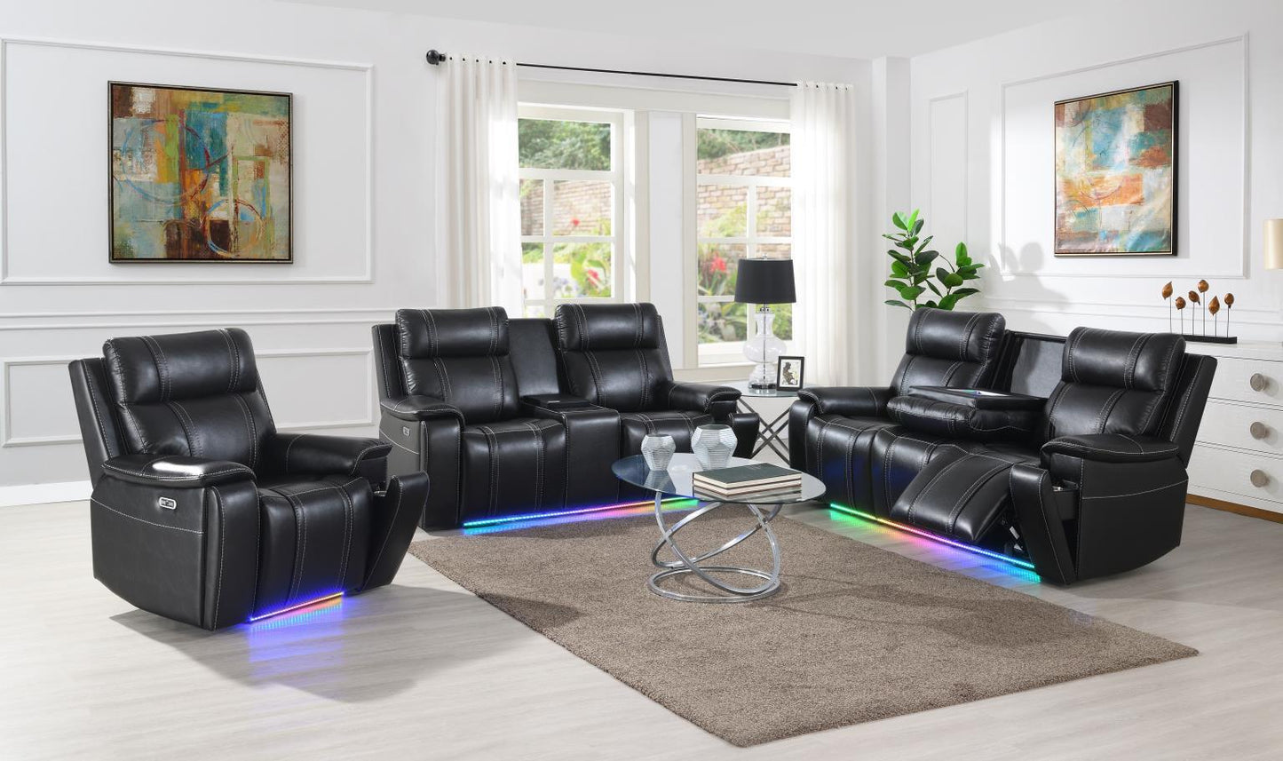 U68 - LED Power Reclining Loveseat With Console & Fridge,Wireless Charger, With Vibrator Arms - Black