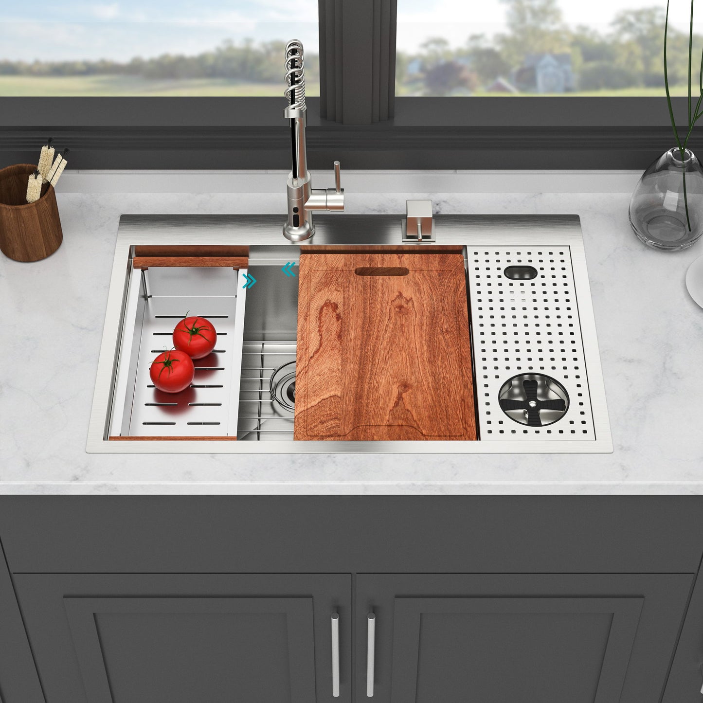 Single Bowl Workstation Kitchen Sink With Cup Washer 16 Gauge Stainless Steel - Black / Gray