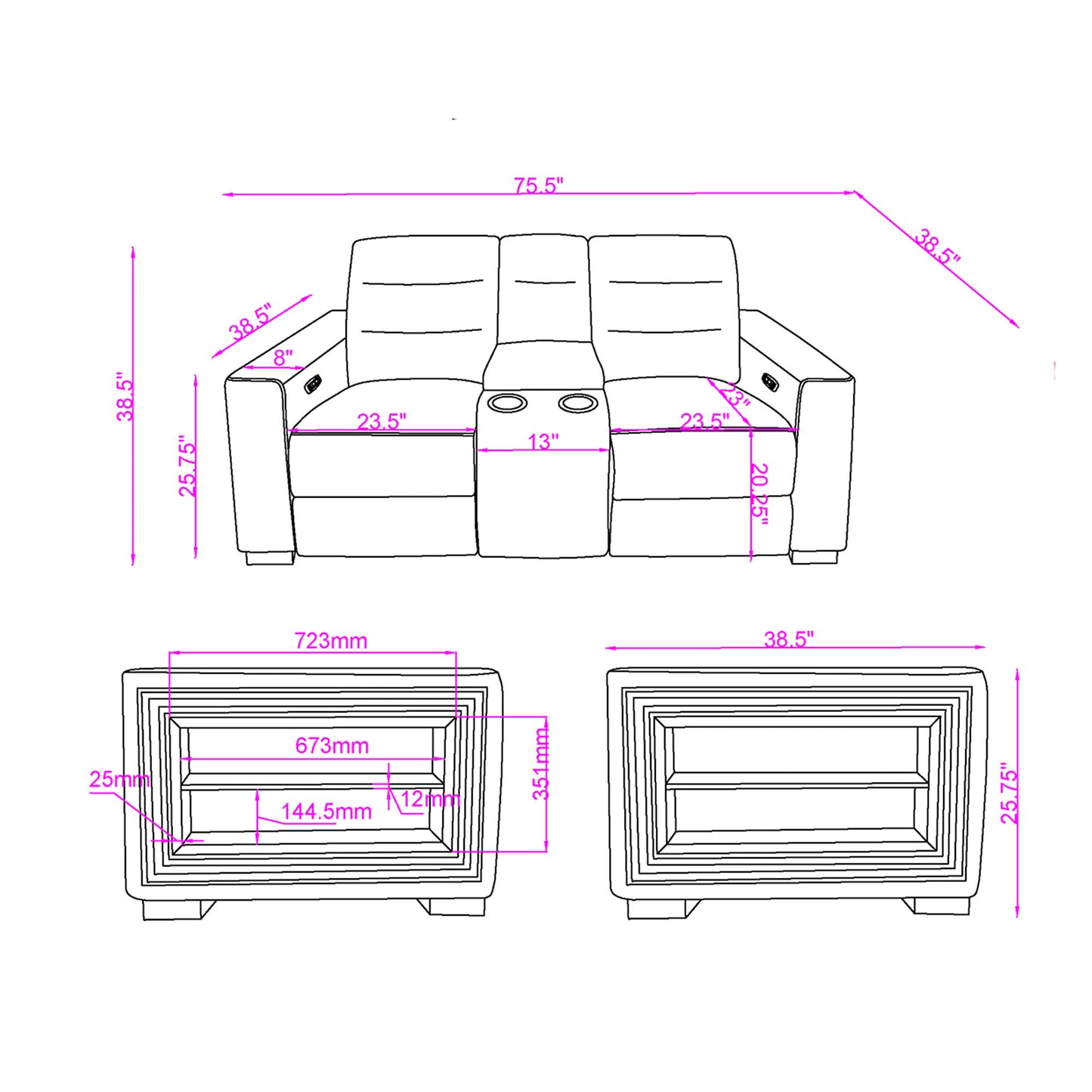 Yamein - Power Reclining Loveseat With Bookcase Arms And LED Lights - Charcoal