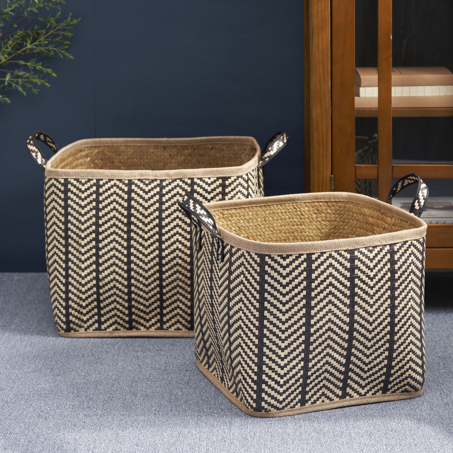 Square Palm Leaf Woven Wicker Storage Basket With Handles (Set of 2) - Back / Brown