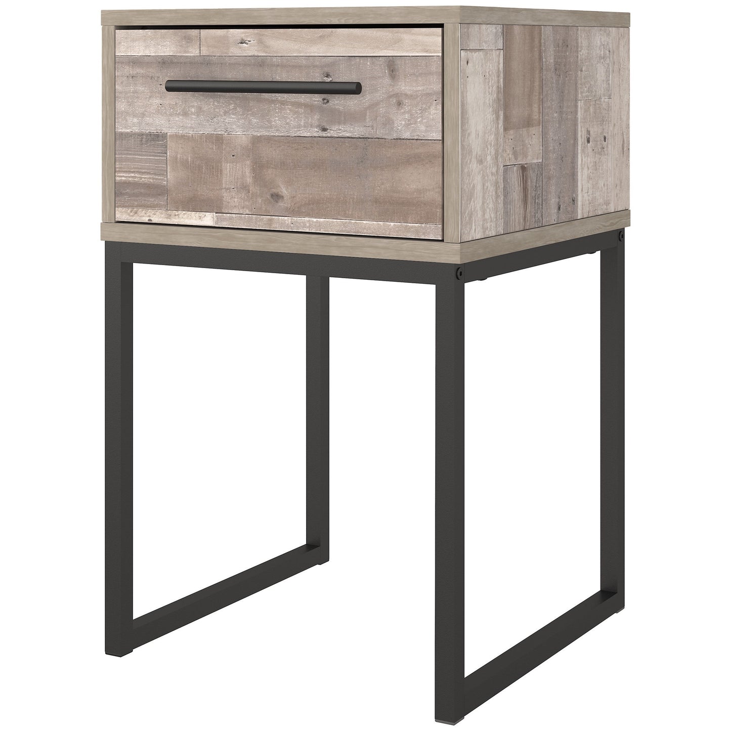 Rustic 1-Drawer Nightstand with Butcher Block Pattern and Metal Sled Legs