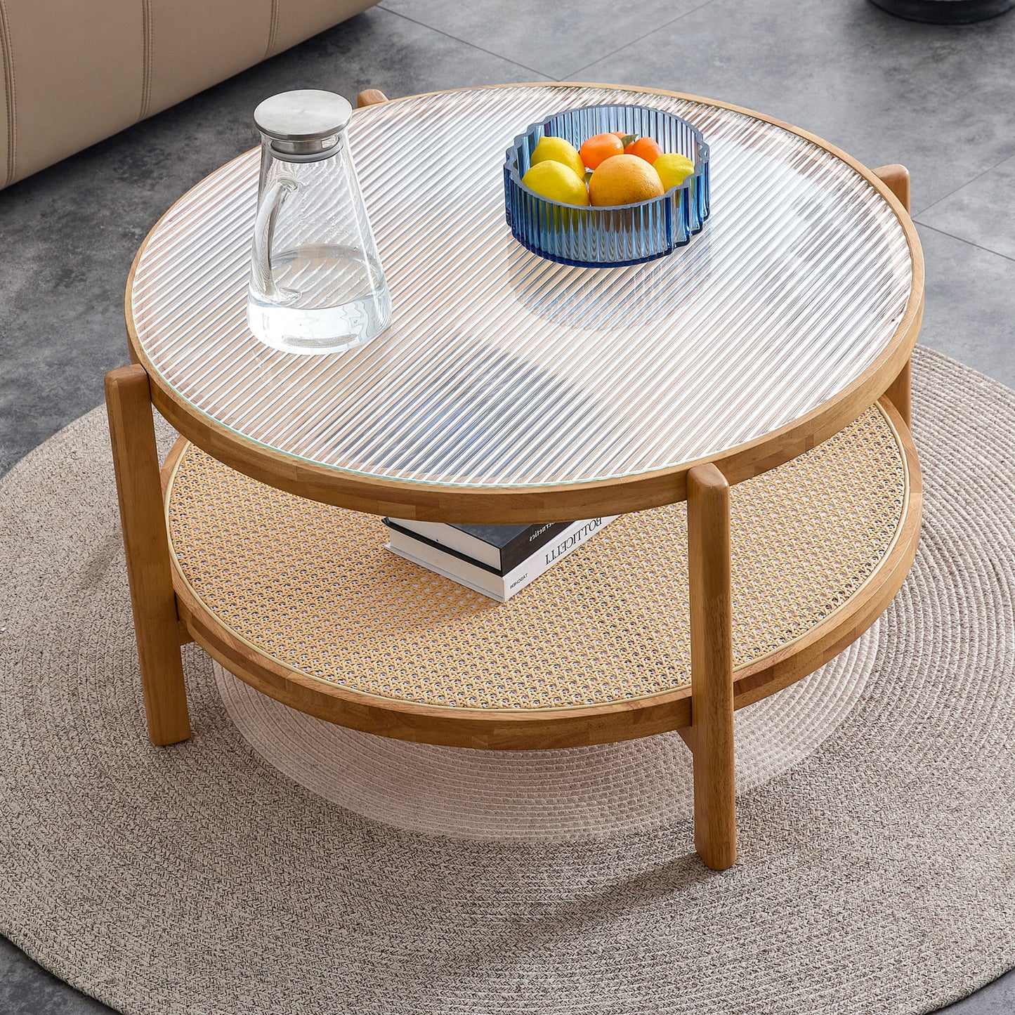 Modern Style Circular Double Layer Tea Table With Rattan Weave