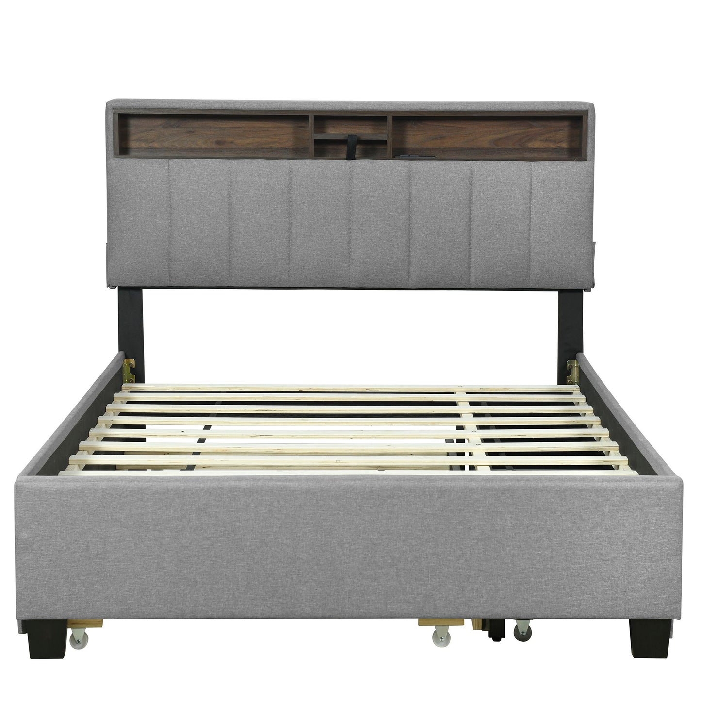 Upholstered Platform Bed With Storage Headboard, Trundle & 2 Drawers And A Set Of Sockets & USB Ports