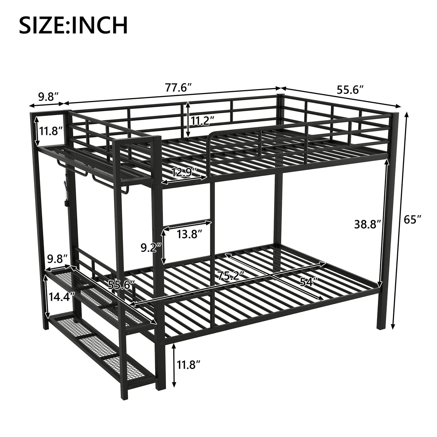 Bunk Bed With Storage Mesh Shelves, Clothes Hooks, LED Light