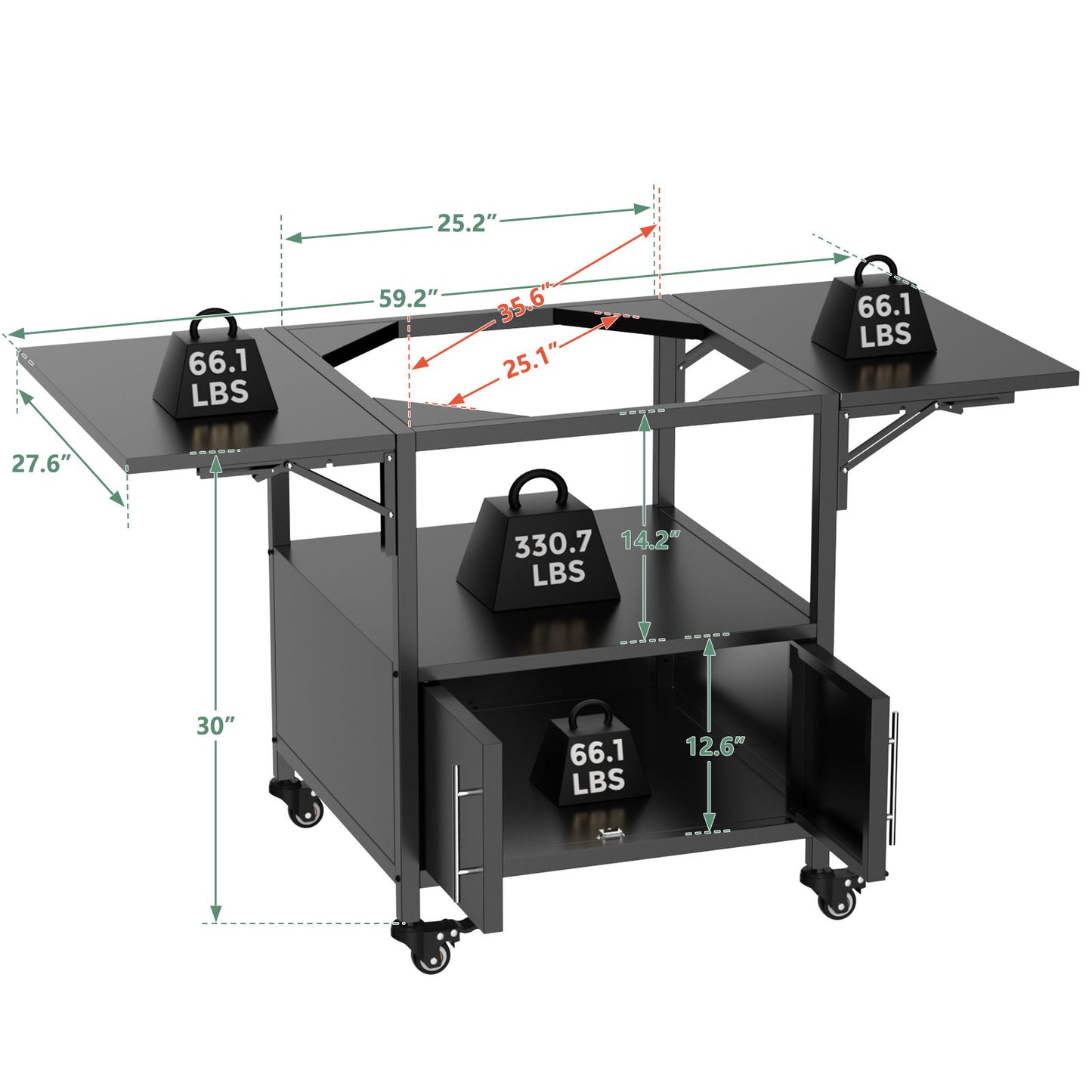 Outdoor Grill Table For Big Egg Style Bbq Metal Grill Cart With 2 Folding Panels Metal - Black