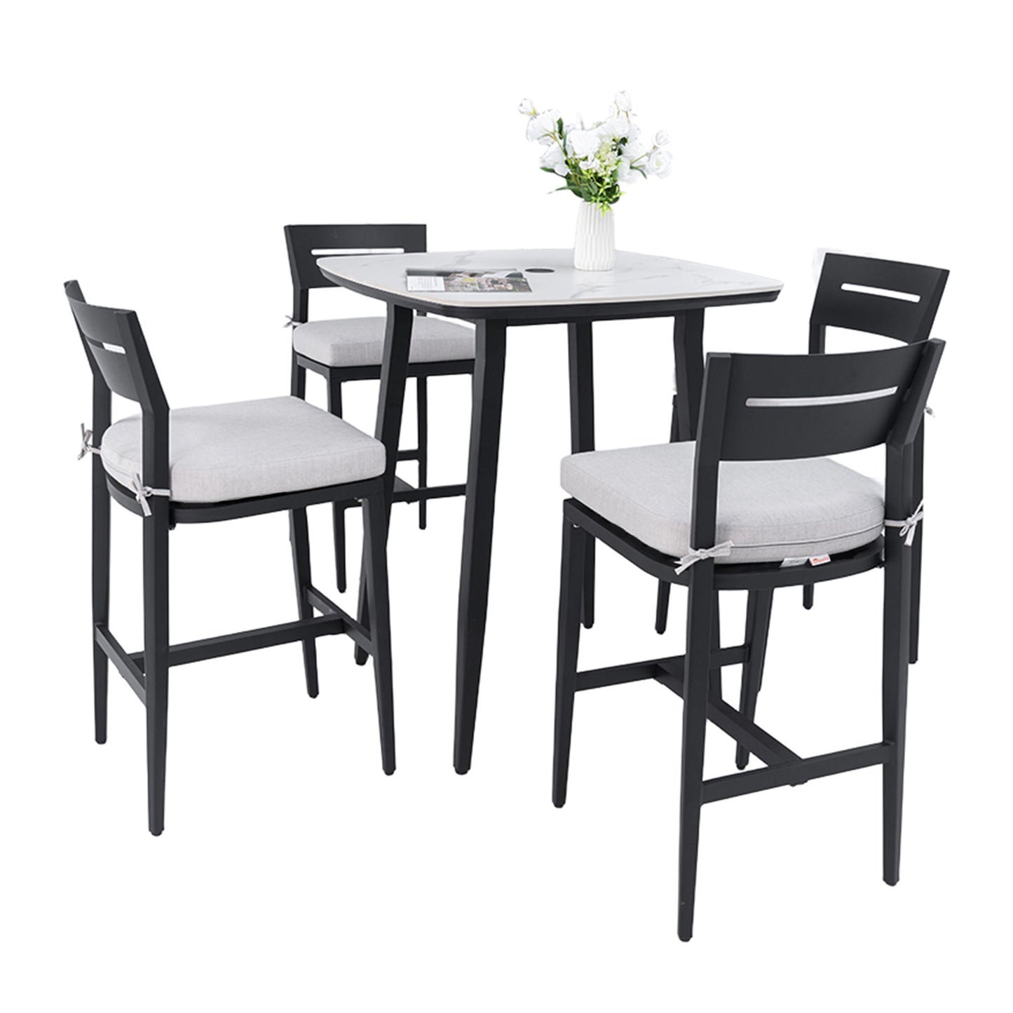 Modern Outdoor Patio Bar Set, Rounded Square Table & Bar Chairs, Non Rust Frame, Tapered Legs, Sunbrella Cushion